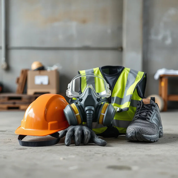 High-quality PPE items laid out neatly: helmet, goggles, respirator, gloves, high-visibility vest, and safety boots