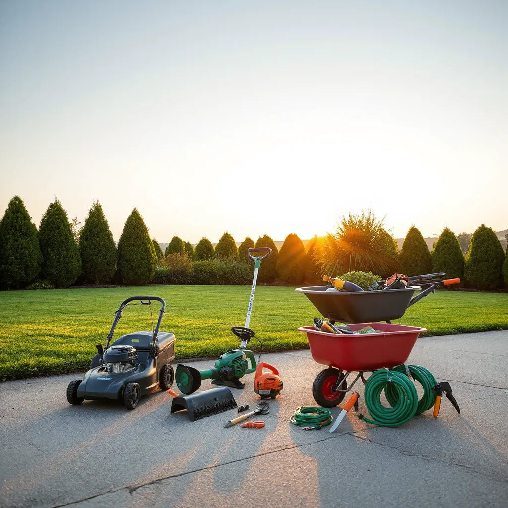 Landscape tools arranged for yard upkeep, including lawn mower, trimmer, hedge trimmer, blower, and hand tools