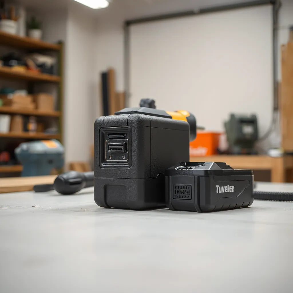 Compact battery module and cordless tool parts on a clean workbench