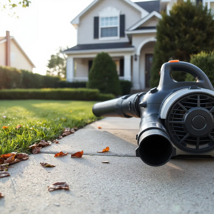 Electric leaf blower clearing driveway debris near lawn and hedges