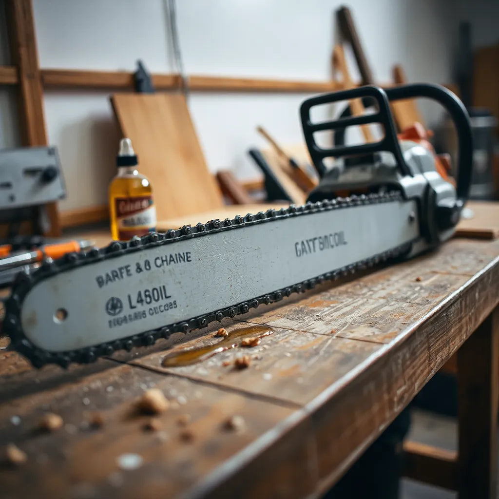 Chainsaw bar and chain with bar and chain oil on a workbench for proper lubrication