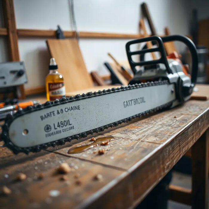 Chainsaw bar and chain with bar and chain oil on a workbench for proper lubrication