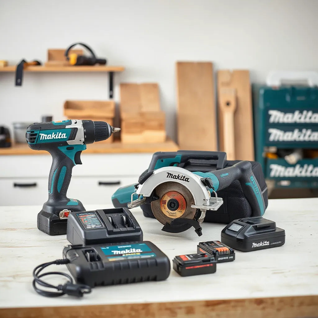 Assorted cordless power tools and batteries neatly arranged on a workbench