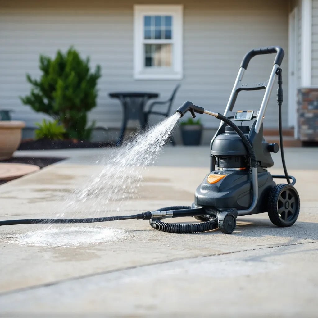 Pressure washer spraying a concrete driveway to remove grime, with a patio and house siding in the background