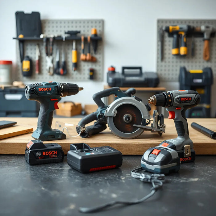 Cordless drill, grinder, and saw with battery packs on a workbench in a clean workshop