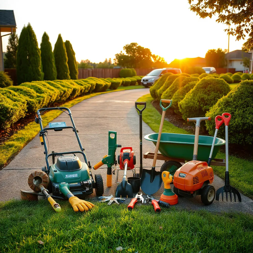 Assorted land maintenance tools laid out beside a well-kept lawn and trimmed hedges