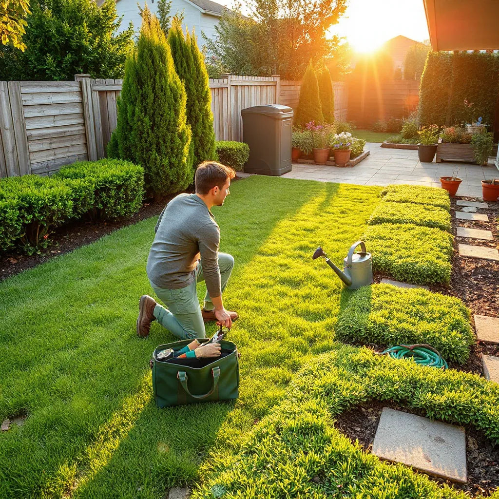 Gardener doing quick tasks with pruning shears near trimmed hedges and a tidy garden bed