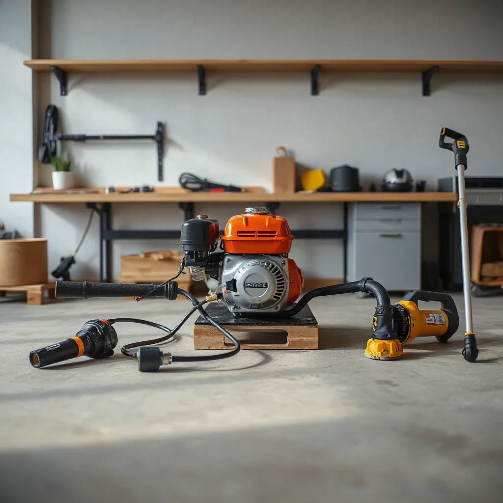 Compact engine with interchangeable attachments for multiple outdoor tasks in a clean workshop setting