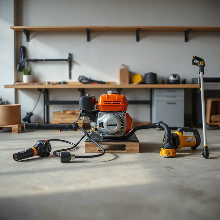 Compact engine with interchangeable attachments for multiple outdoor tasks in a clean workshop setting