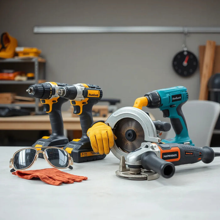 Cordless drill, saws, and safety gear arranged neatly on a workbench for home and professional jobs