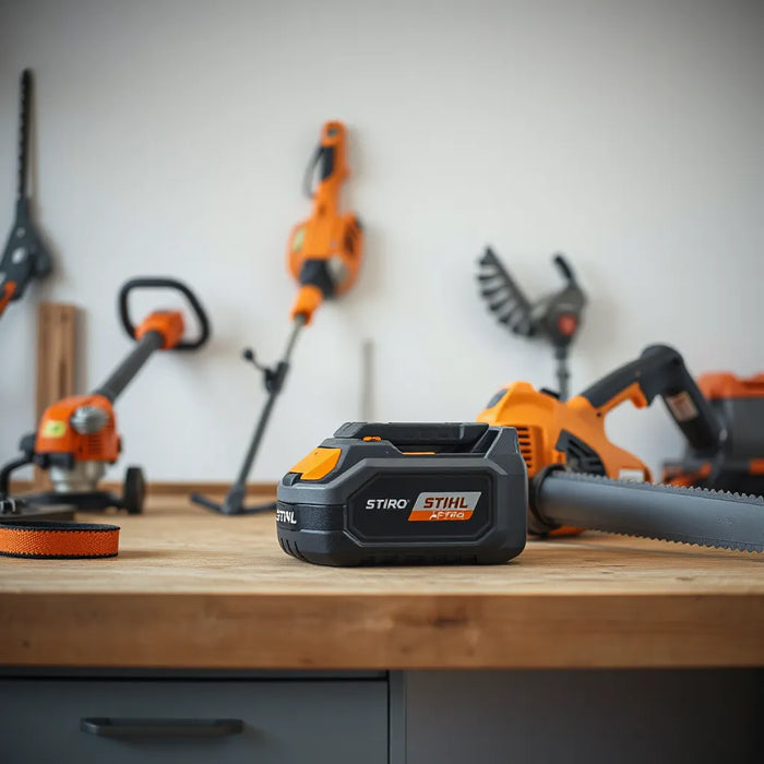 Cordless outdoor tools with a battery pack on a clean workbench for reliable high-performance runtime