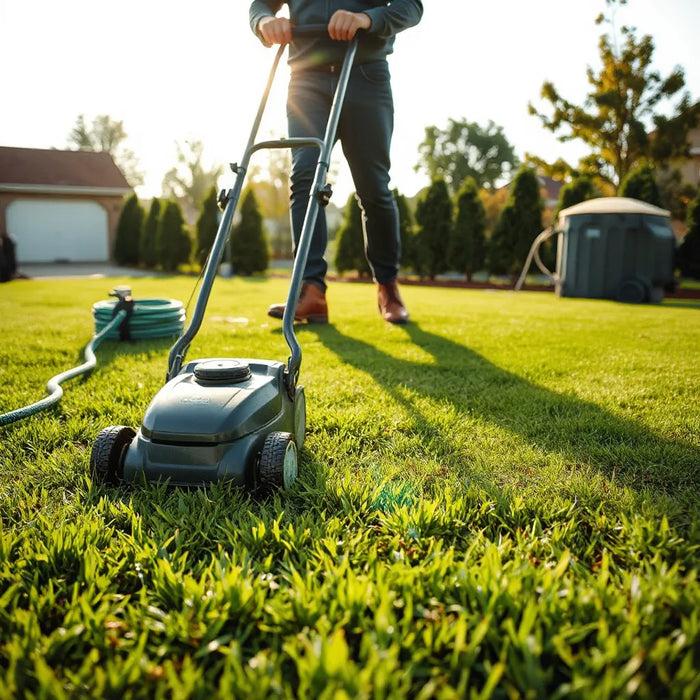 Electric cordless mower cutting neat grass with eco-friendly lawn tools nearby