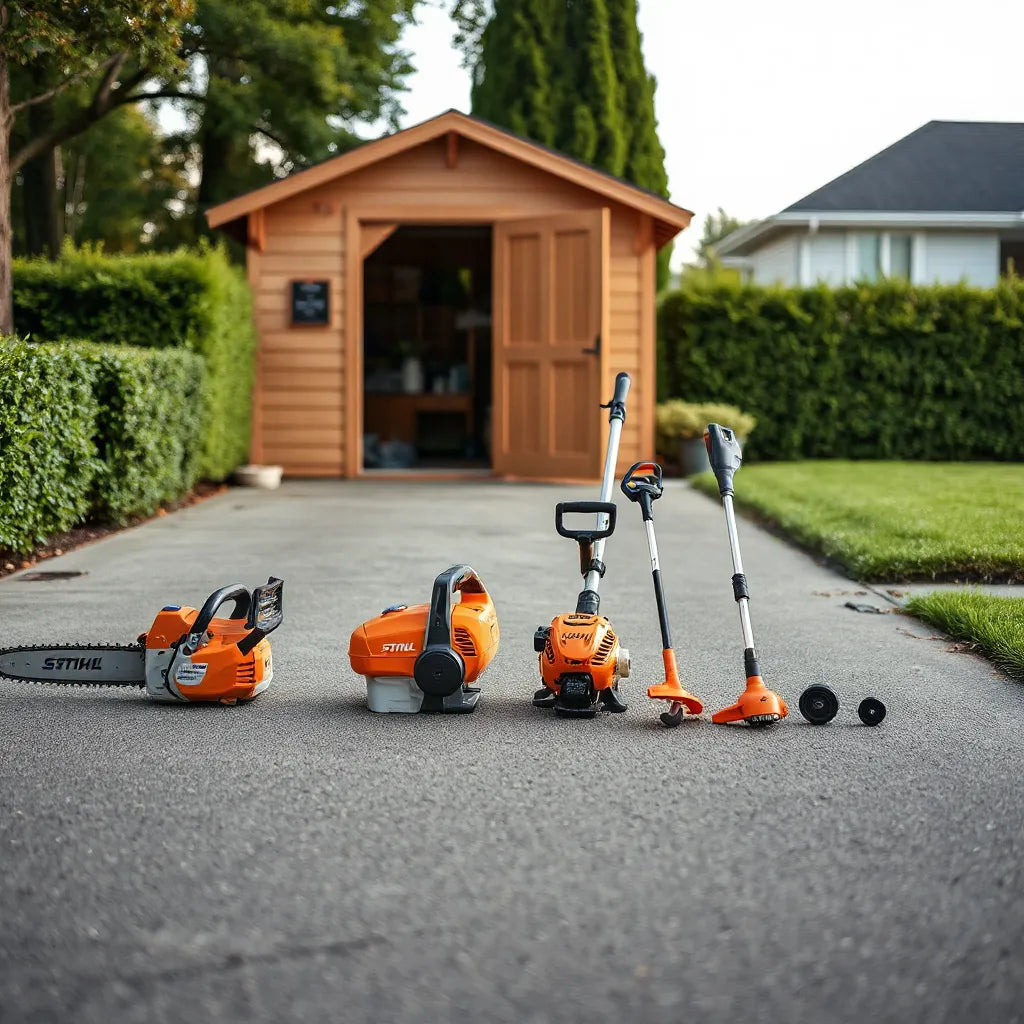 Assorted outdoor power tools for yard care arranged near a garden shed and trimmed hedges