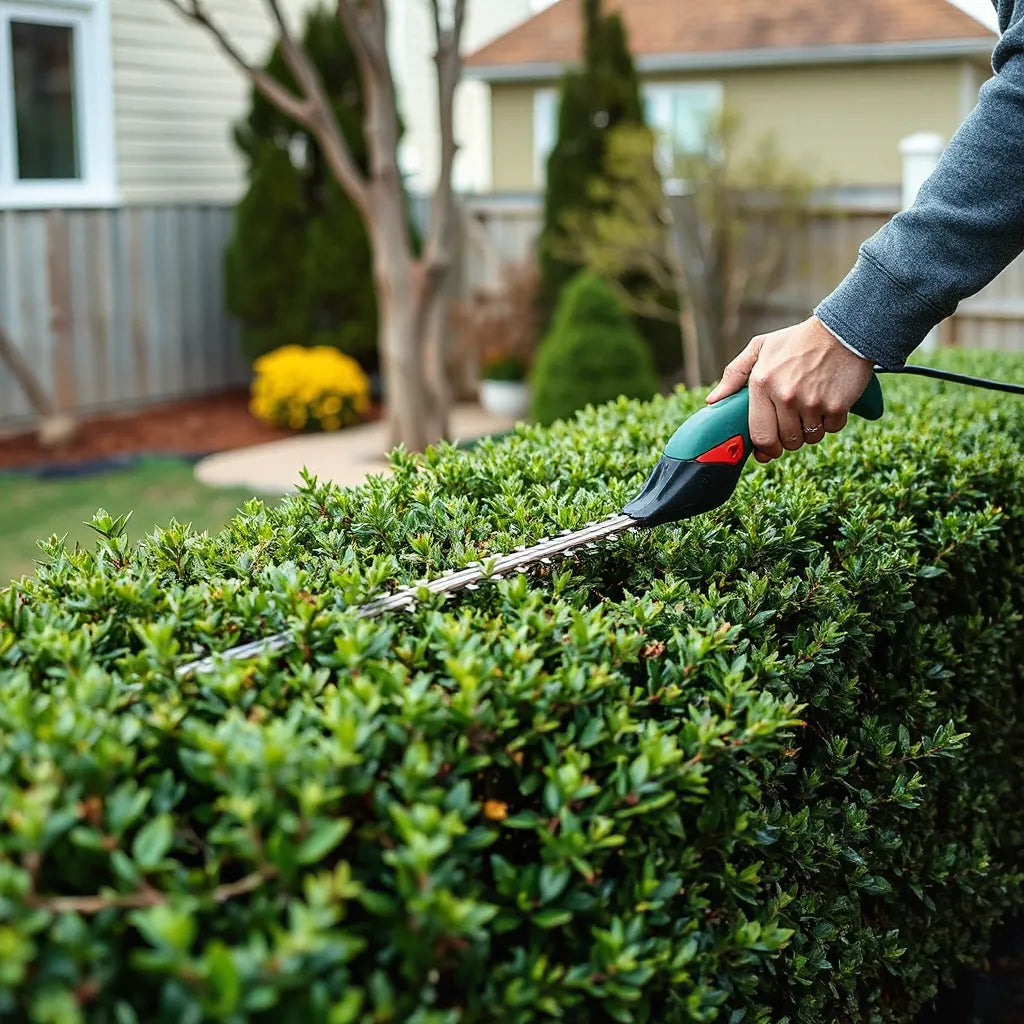 Person trimming a hedge with an electric hedge trimmer in a tidy garden.