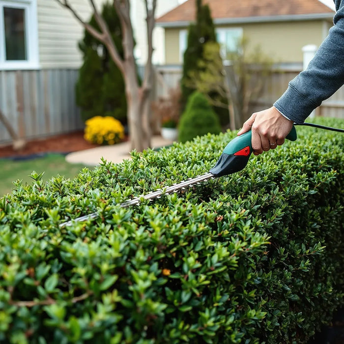Person trimming a hedge with an electric hedge trimmer in a tidy garden.