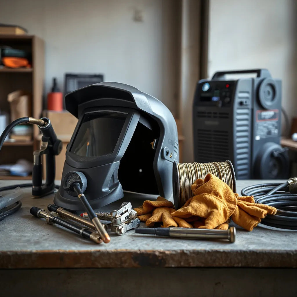 Industrial welding helmet, torch, wire spool, gloves, and clamps on a clean workbench