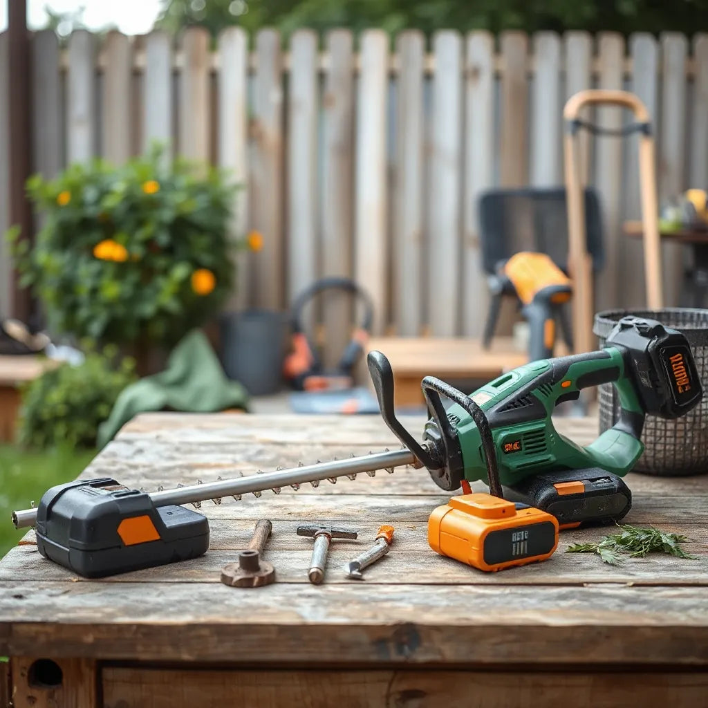Cordless battery hedge and grass trimmers with visible batteries on a garden workbench