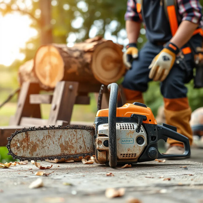 Professional chainsaw on a log with a safety-gear arborist in the background