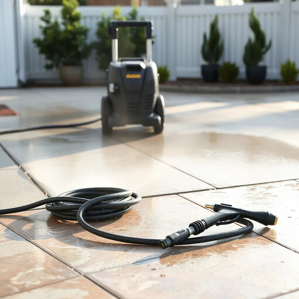 Pressure washer cleaning a driveway and patio with a high-pressure spray and wet, freshly cleaned surfaces