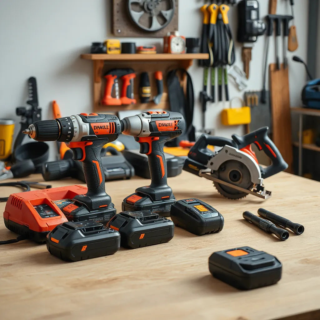 Assorted cordless battery-operated tools and batteries on a tidy workbench