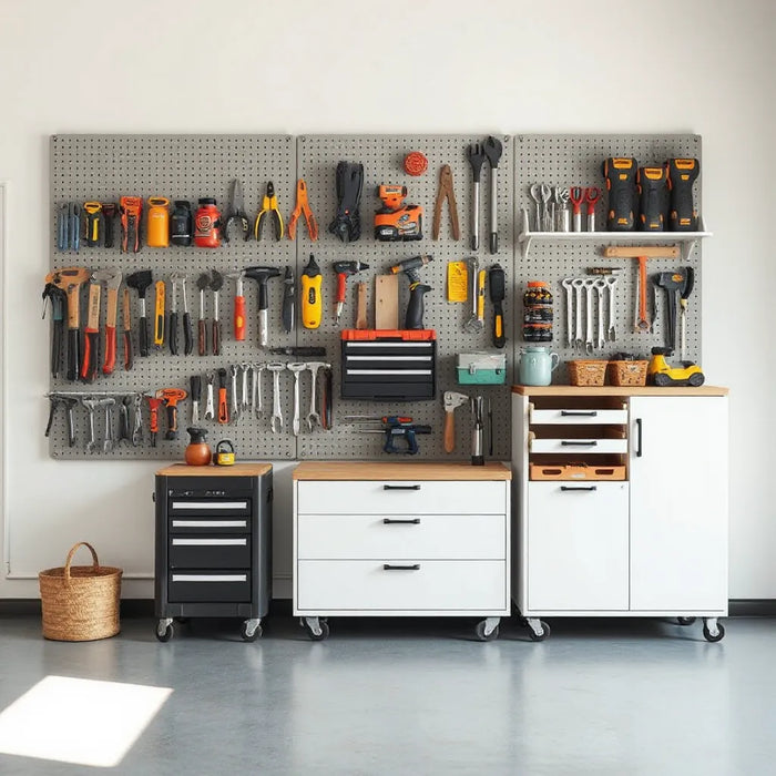 Organized workshop wall with ergonomic tool racks and drawers arranged for easy, safe access.