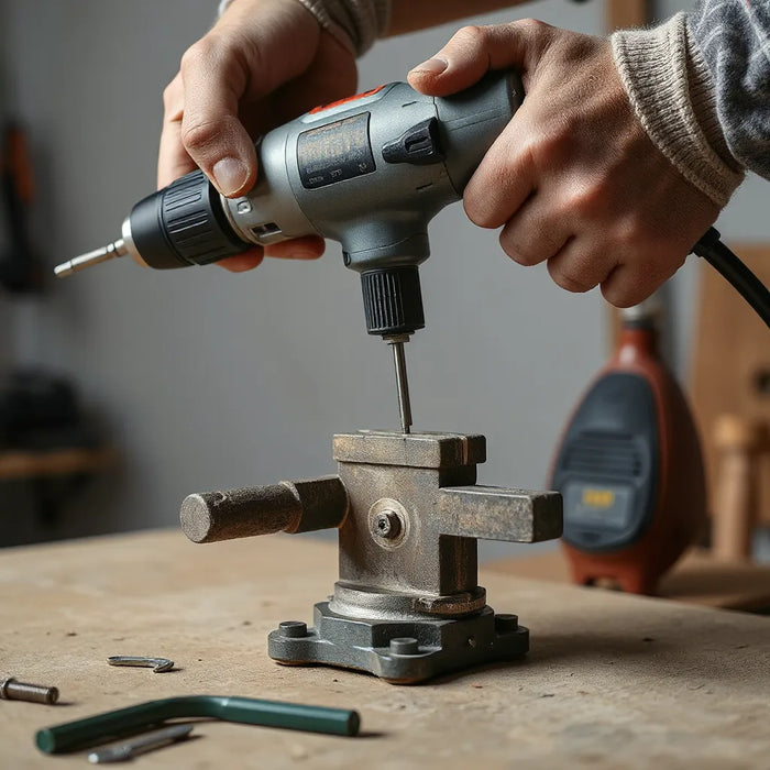 High-torque drill in use on a metal workpiece with side handle and mounted vise in a workshop