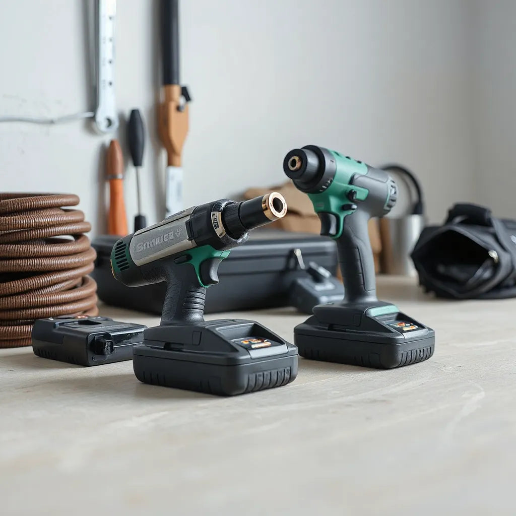 Cordless impact wrenches on a workbench with socket bits and batteries in a clean workshop setting