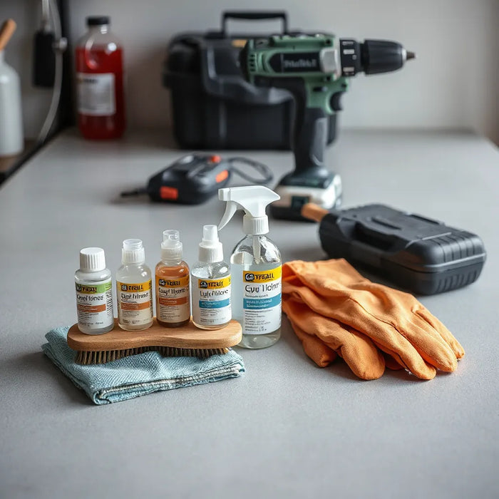 Assorted power tool maintenance supplies on a workbench with gloves and cleaning cloths