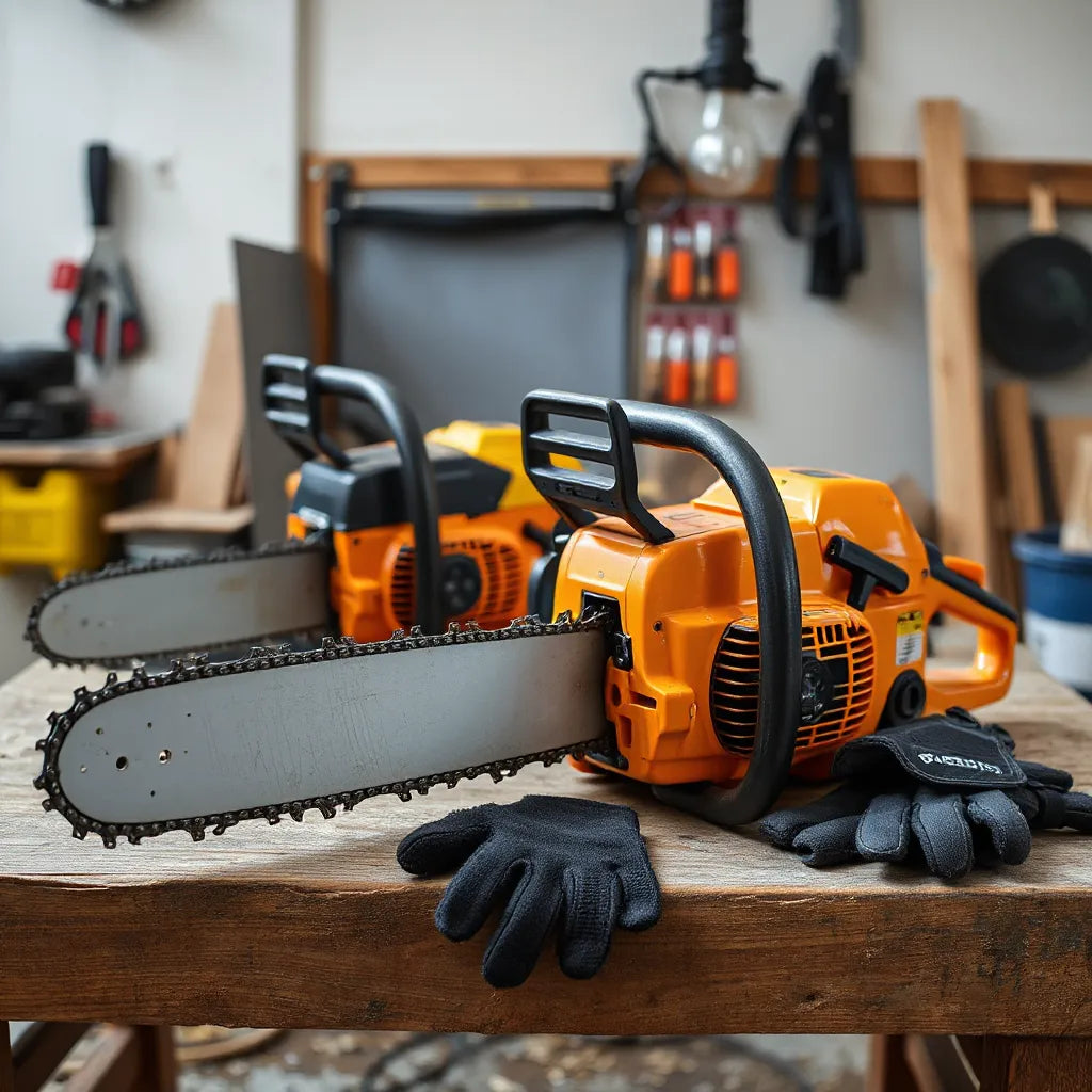 Heavy-duty chainsaws on a workbench with visible guide bars and protective gear nearby