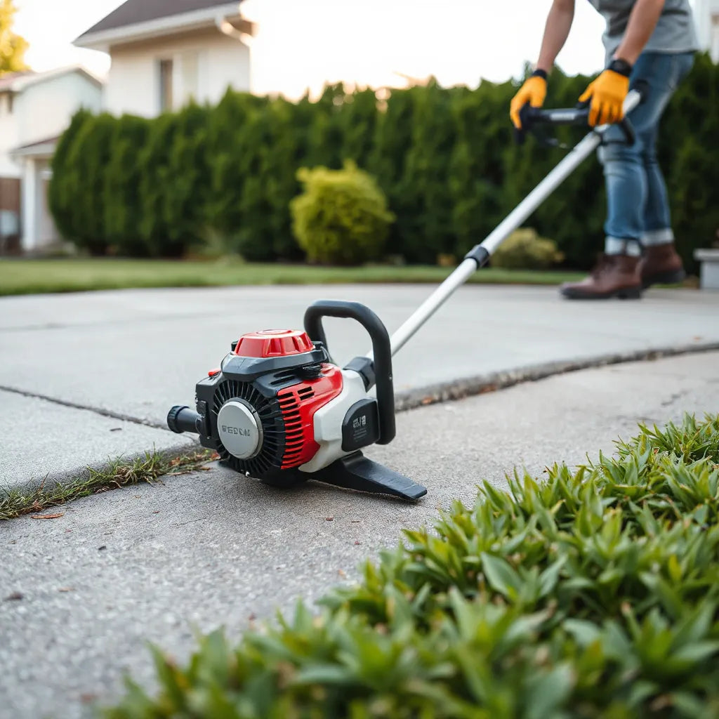 Gas-powered string trimmer on a driveway beside neatly trimmed grass edges and shrubs