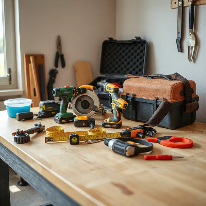 Organized workbench with premium hand and power tools, safety gear, and a measuring level