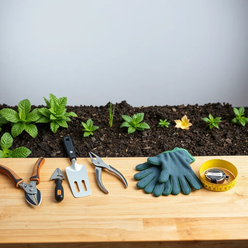 Assorted garden detailing tools laid out beside a neatly trimmed plant border
