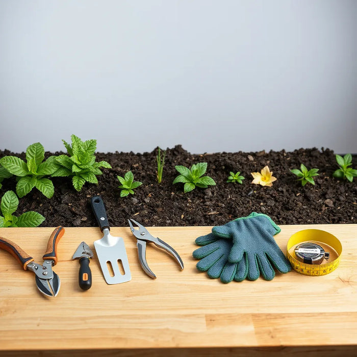 Assorted garden detailing tools laid out beside a neatly trimmed plant border