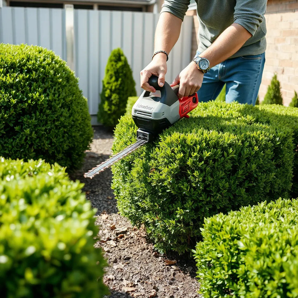 Electric hedge trimmer trimming a neatly shaped hedge with clean, defined edges in daylight.