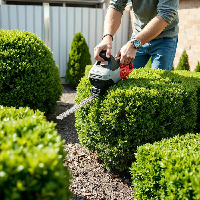 Electric hedge trimmer trimming a neatly shaped hedge with clean, defined edges in daylight.