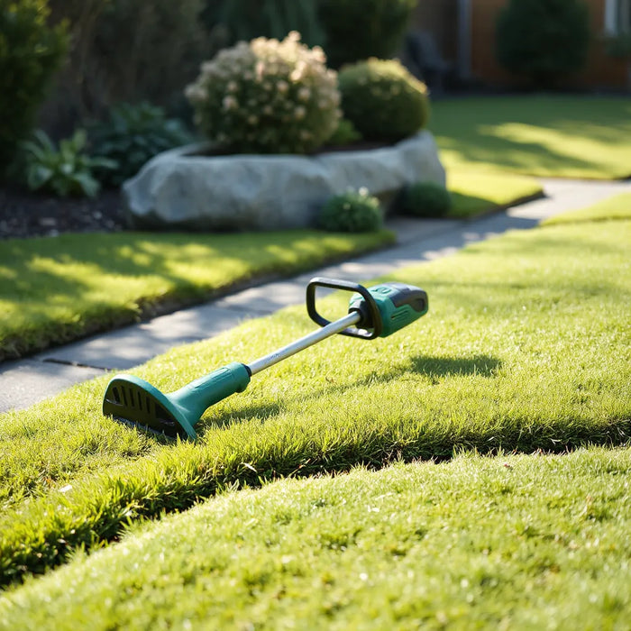Cordless grass trimmer beside a neatly trimmed lawn edge in a home garden