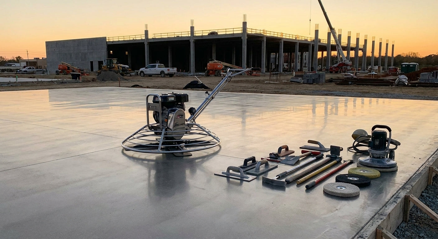 A power trowel and professional concrete finishing tools arranged on a smooth, freshly poured concrete slab at a commercial construction site.