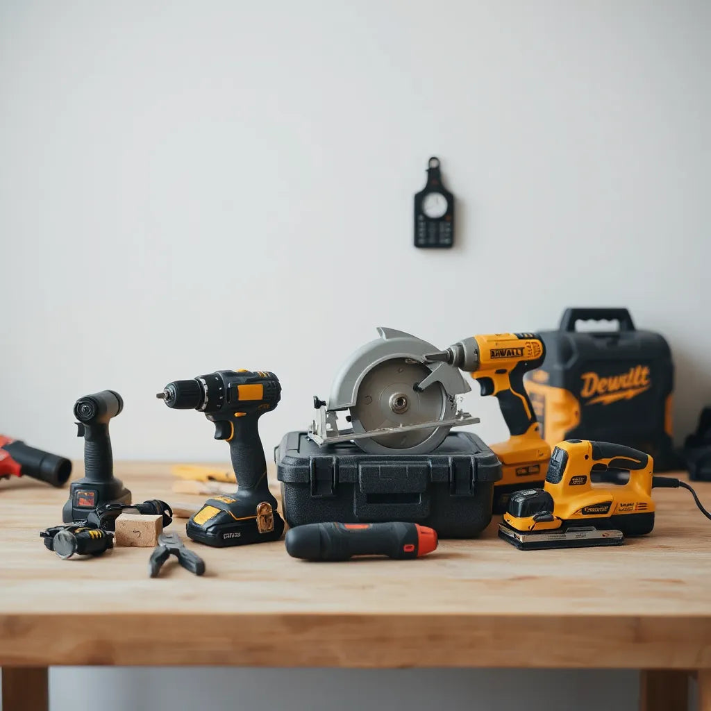 Set of portable hand-held power tools arranged neatly on a workbench in a clean workshop setting