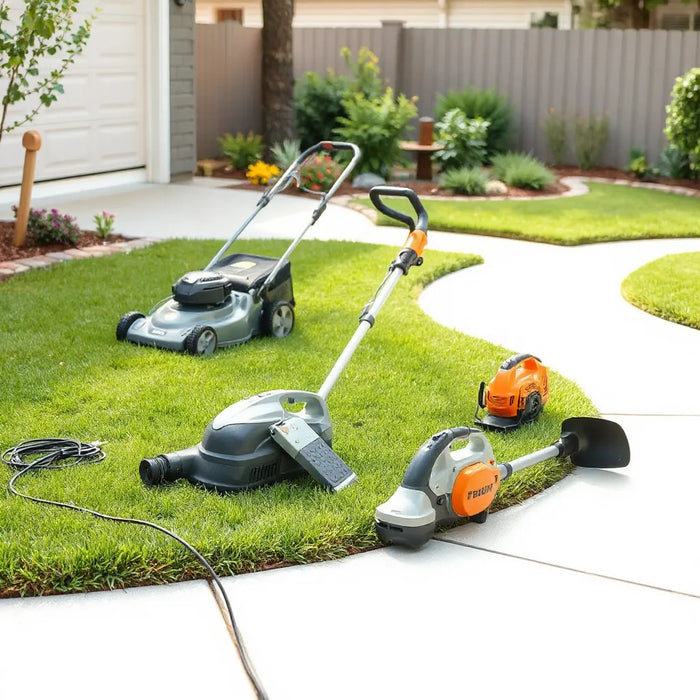 Electric lawn mower, grass trimmer, and blower placed on a tidy lawn for clean upkeep
