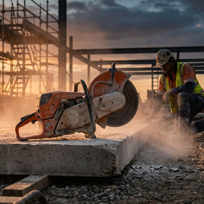 A professional-grade cut-off saw resting on a concrete slab at an Australian construction site during golden hour, with industrial scaffolding visible in the background.
