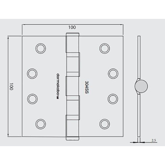 Dormakaba Ball Bearing Fixed Pin Butt Hinge - Satin Stainless Steel - 100x100x2.5mm
