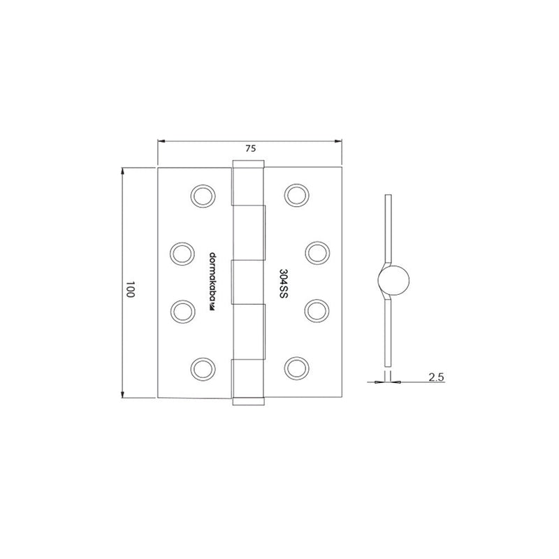 Dormakaba Fixed Pin Butt Hinge - Satin Stainless Steel - 100x75x2.5mm DKH10075FPSSS