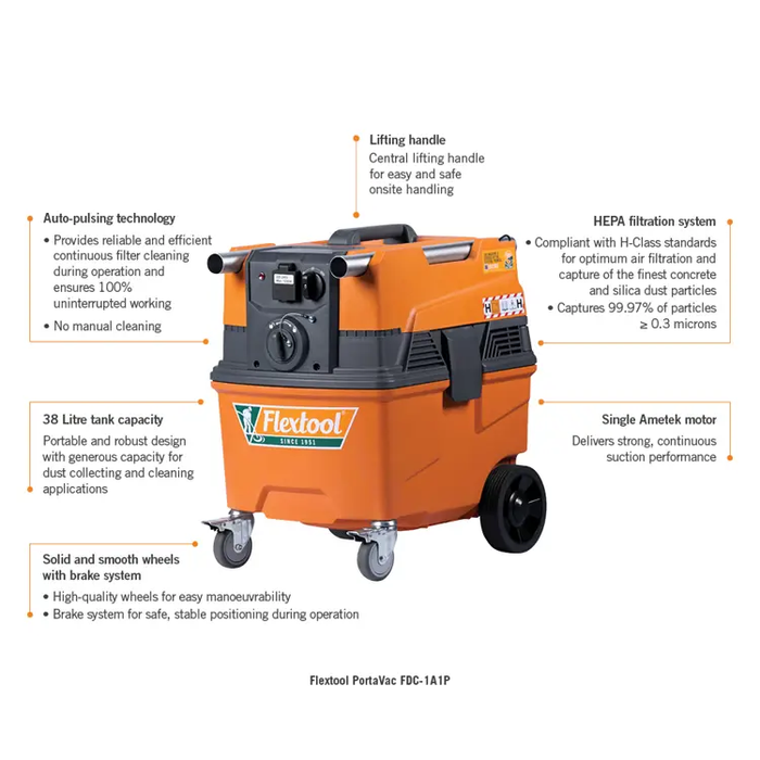 Flextool FDC-1A1P 1200W Automatic Auto-pulsing H-Class HEPA Dust Extractor - FT100500-UNIT