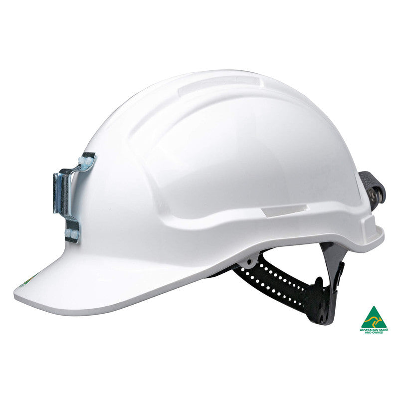 Maxisafe Tuffgard Non-vented Hard Hat With Sliplock Harness And Metal Lamp Bracket - White