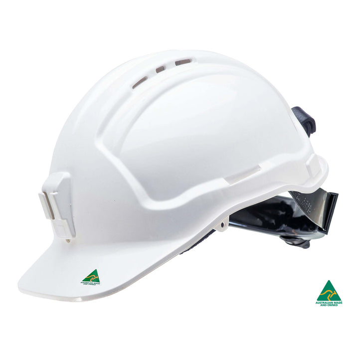 Maxisafe Tuffgard Vented Hard Hat with Ratchet Harness and Plastic Lamp Bracket - HTG57RH-PLV-W
