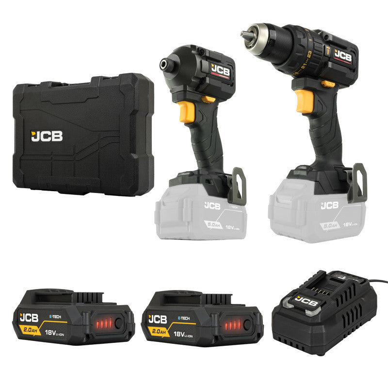 JCB Professional 18v Compact Combi Drill 75nm + Impact Driver(230n.M) - 2x 2.0ah 4.5a Charger - JCB-18BPKIT-1