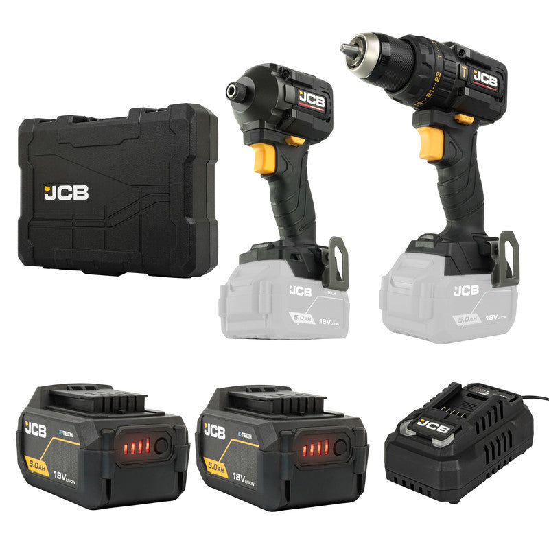 JCB Professional 18v Twin Kit Compact Combi Drill (75n.M) + Impact Driver (230n.M) 2x 5.0ah 4.5a Charger - JCB-18BPKIT-2