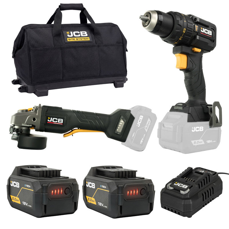JCB Professional Twin Kit Compact Combi Drill (75n.M) + Angle Grinder (125mm) 2 X 5.0ah 4.5a - JCB-18BPKIT-4