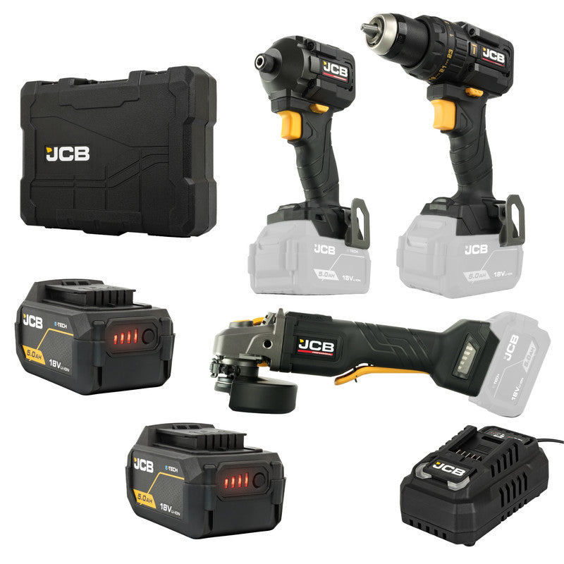 JCB Professional 3 Piece Kit Combi Drill (75.M) + Impact Driver (230n.M) + Angle Grinder (125mm) 2 X 5.0ah 4.5a Charger - JCB-18BPKIT-7