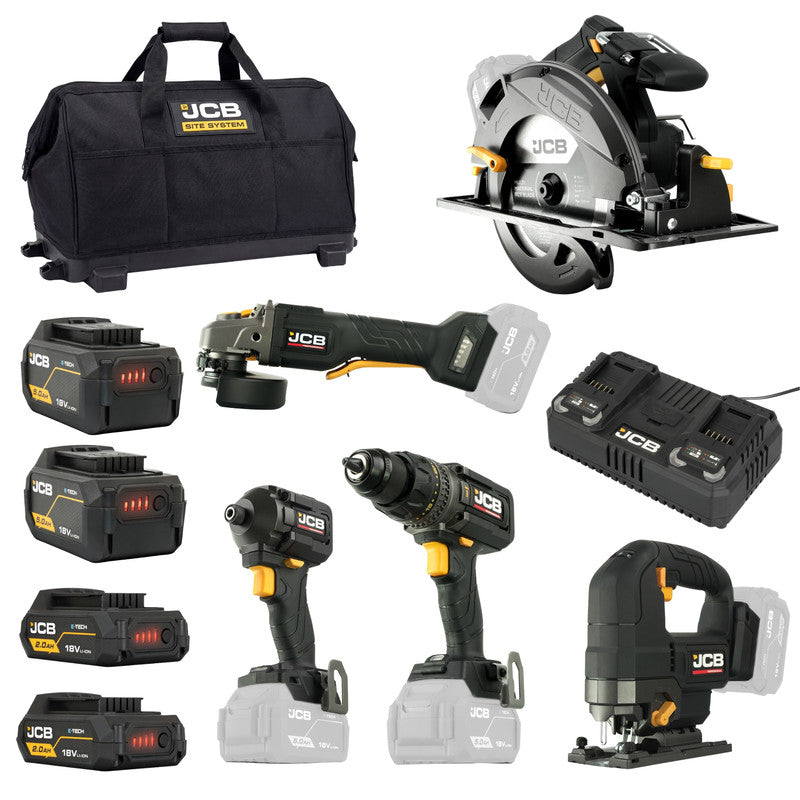 JCB Prof 5 Pc Kit C.Drill(160.M)+impact Drv (230n.M)+cir Saw(185mm)+ang Grind (125mm)+ Jigsaw 2x2.0ah 2x5.0ah 4.Acharger - JCB-18BPKIT-8
